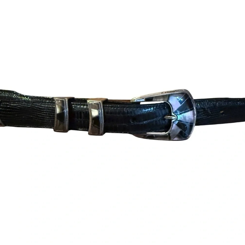 JW Cooper .925 Sterling Opal Inlay Black Lizard Skin Belt Size 44